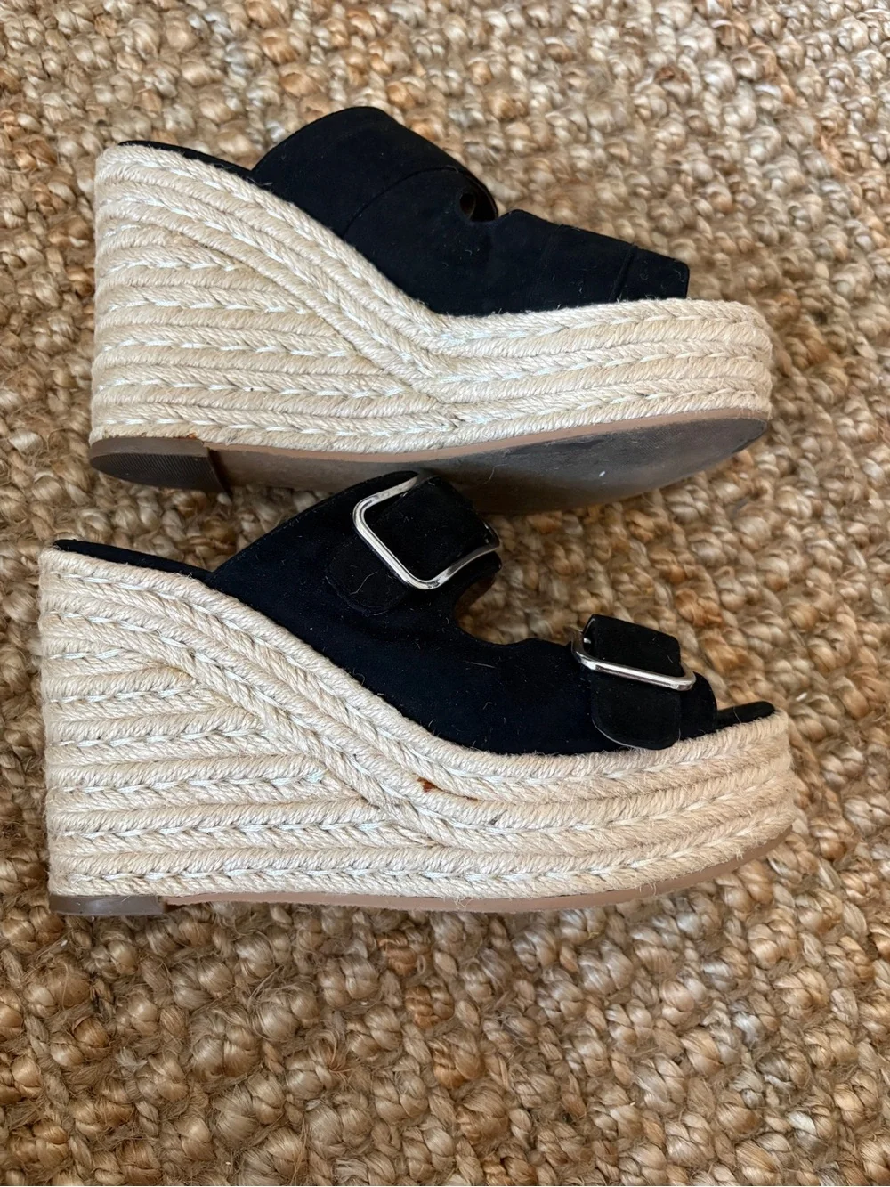 bp Black Suede Espadrille Wedge Mules with Buckles